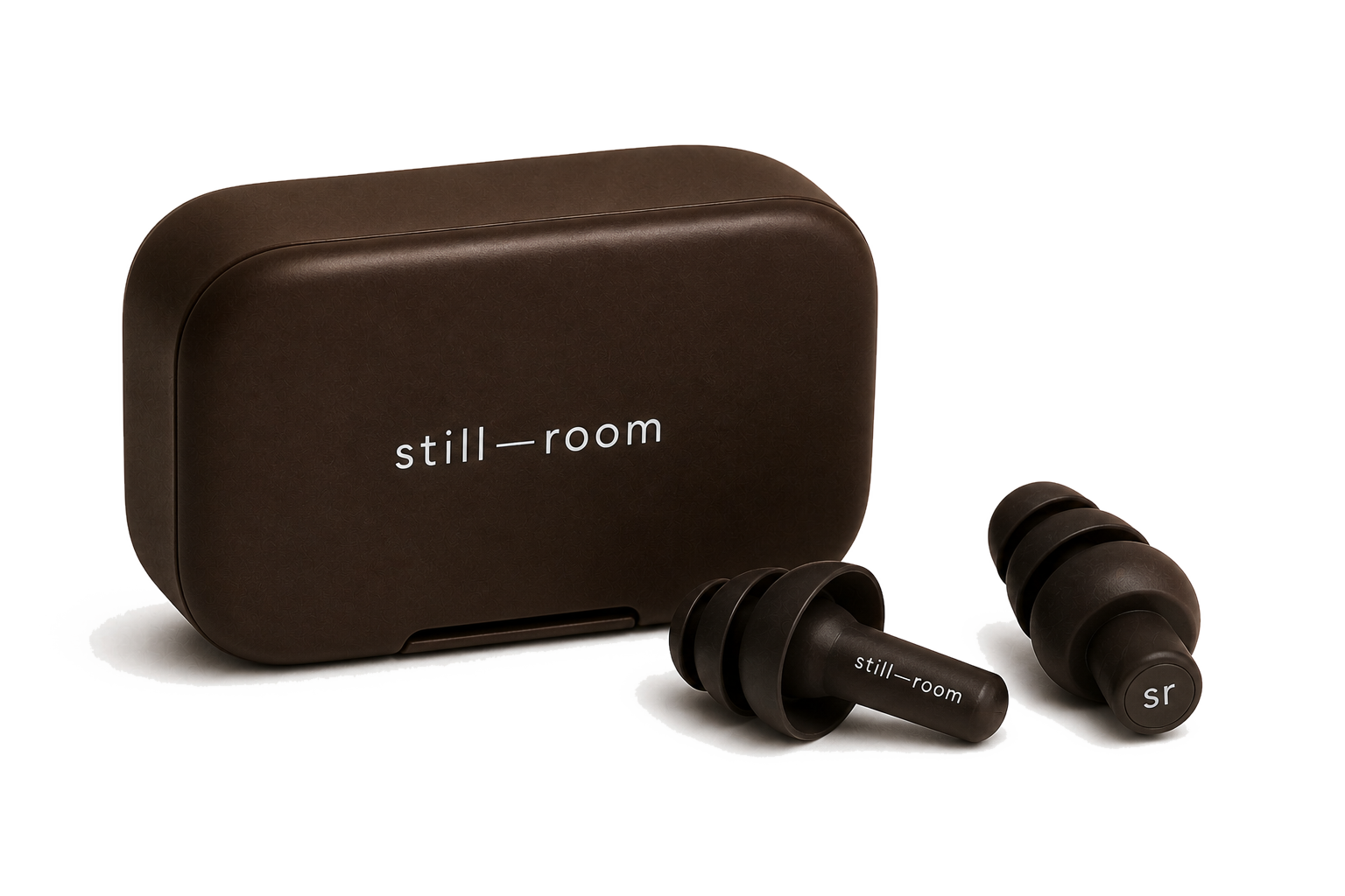 Quiet Peace ear buds in brown case