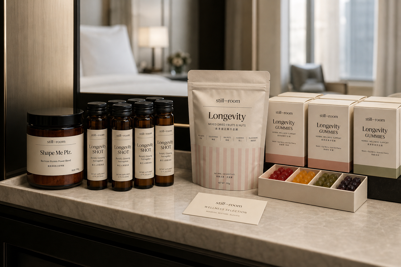 Product family on a hotel suite counter